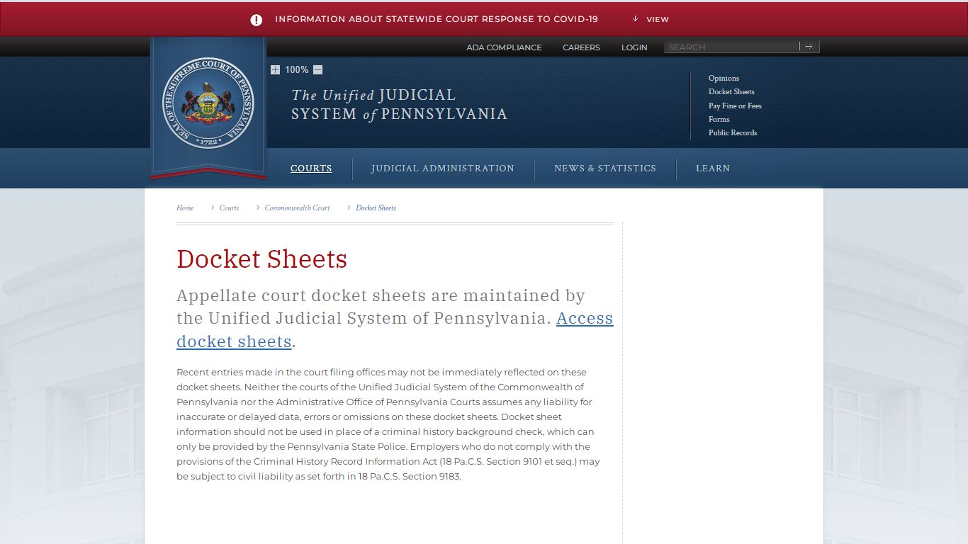 Docket Sheets | Commonwealth Court | Courts - Judiciary of Pennsylvania